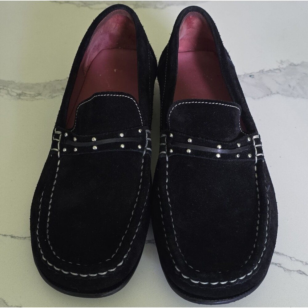 Cole Haan Women's Black Suede Slip-On Loafer Square Toe Studs 7.5 M